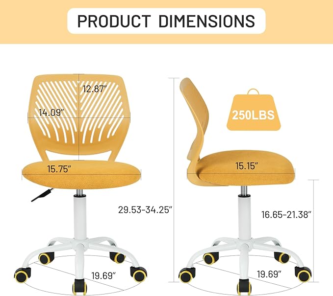 FurnitureR Kids Desk Chair, Small Adjustable Swivel Computer Task Chair with Plastic Backrest and Padded Seat Cushion, Fabric Armless Cute Rolling Child Office Chairs Study Chair, Yellow