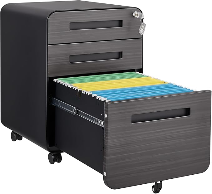 3 Drawer Mobile Desk Office with Lock and Wheels,Versatile Storage Cabinets w/Anti-Tilting Cold Rolled Steel Waterproof Moisture-Proof,for Legal/Letter/A4 Files,Dark Brown