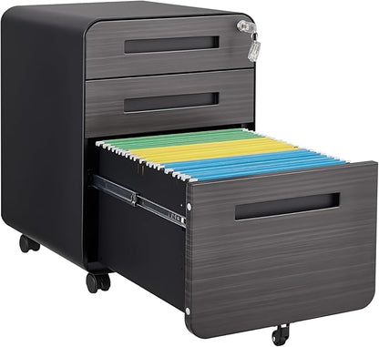 3 Drawer Mobile Desk Office with Lock and Wheels,Versatile Storage Cabinets w/Anti-Tilting Cold Rolled Steel Waterproof Moisture-Proof,for Legal/Letter/A4 Files,Dark Brown
