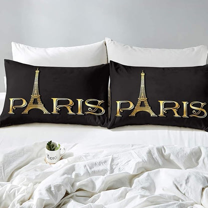 Erosebridal Eiffel Tower Comforter Set, City Building of Paris Bedding Set Twin Size, Gold Black Duvet Sets for Kids Boys Girls Teens Bedroom, Soft Microfiber Bedding Comforters with 1 Pillow Case