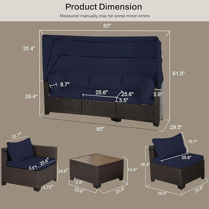 6 PCS Outdoor Patio Furniture Set,Sectional Sofa Set,Rattan Daybed with Retractable Canopy,Adjustable Backrest,Storage Coffee Table,Chaise Chair Sunbed for Garden Poolside Backyard(Navy Blue)