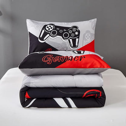 Gaming Comforter Sets for Kids Teen Boys,Video Games Controller Pattern Bedding Set for Room Decor, Full Size 3-Piece Reddish Black Gamer Comforter with 2 Pillowcases,All Season(Red,Full)