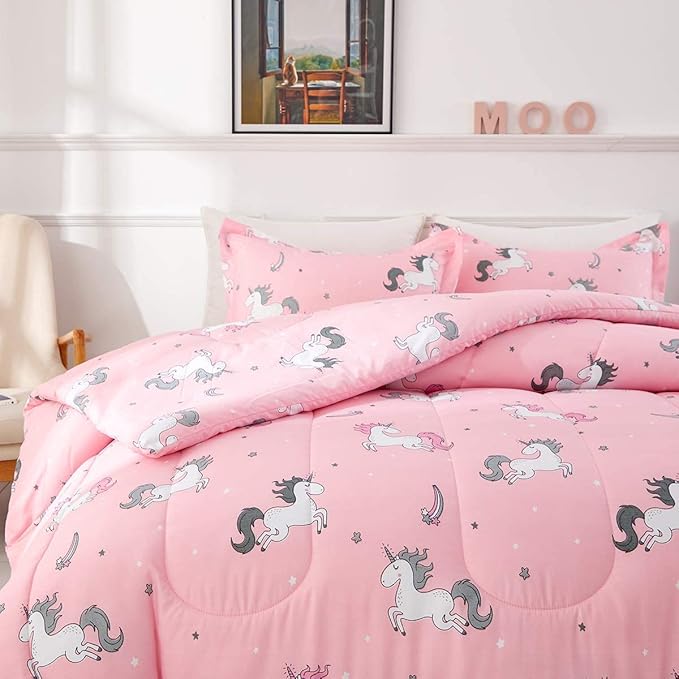 UOZZI BEDDING Bed in a Bag 7 Pieces King Size Unicorn Pink with Rainbow Star - Soft Microfiber, Reversible Bed Comforter Set (1 Comforter, 2 Pillow Shams, 1 Flat Sheet, 1 Fitted Sheet, 2 Pillowcases)