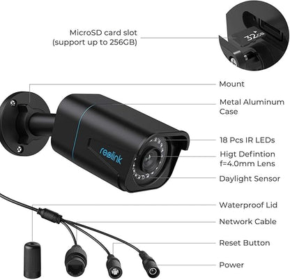 REOLINK 4K/8MP Security Bullet PoE IP Camera,Surveillance Outdoor Indoor,Human/Vehicle/Pet Detection,100ft IR Night Vision,Work with Smart Home,Up to 256GB microSD Card,RLC-810A(Black)