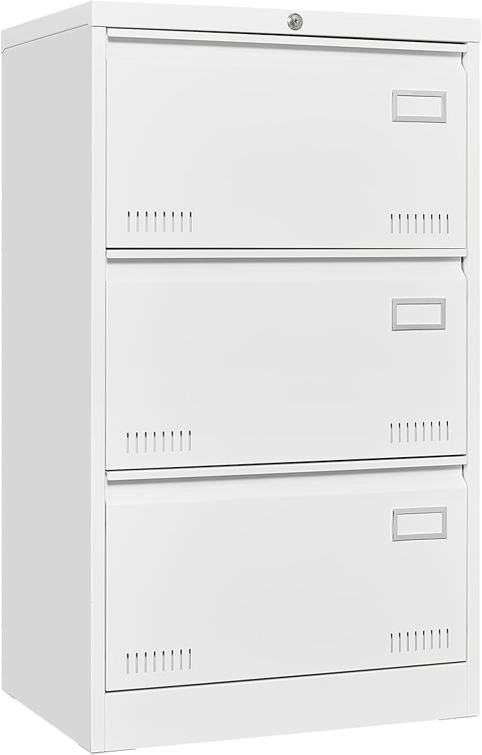 3 Drawer Lateral Lock and Card Holder, Multifunctional Metal Filing Cabinets w/Heavy 3 Section Slide Rail & Breathable Holes,for Legal/Letter/A4,White