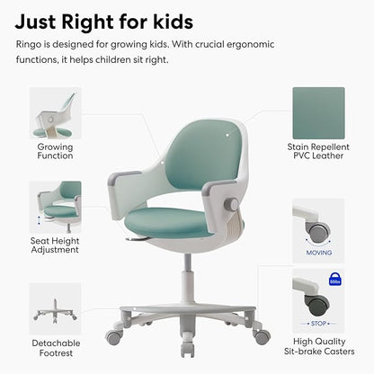 SIDIZ ringo Kids Desk Chair : Ergonomic Kids Chair with Footrest, 4-Step Growing Function, Adjustable Seat Height, Sit-Locking Casters, Swivel Type Kids Chair (Mint Green Chair)