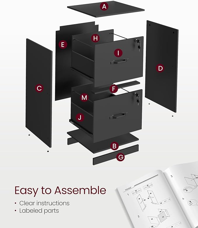 VASAGLE 2-Drawer Vertical File Cabinet, Filing Cabinet for Home Office, Printer Stand, with 2 Lockable Drawers, Adjustable Hanging Rail, for A4 and Letter-Size Files, Ink Black UOFC061B16