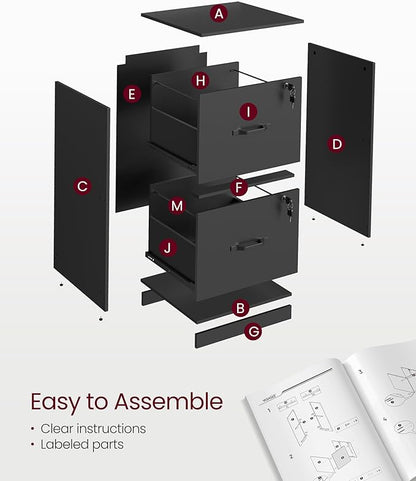 VASAGLE 2-Drawer Vertical File Cabinet, Filing Cabinet for Home Office, Printer Stand, with 2 Lockable Drawers, Adjustable Hanging Rail, for A4 and Letter-Size Files, Ink Black UOFC061B16