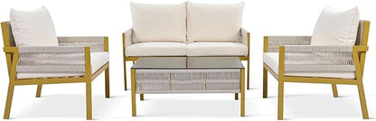 4-Piece Patio Conversation Furniture Set, Rope Weave Outdoor Loveseat Sofa with 2 Armchairs, Thick Cushion&Tempered Glass Table, for Garden Backyard, Onesize, Beige+Mustard Yellow
