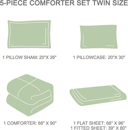 EMME Twin Comforter Set - Sage Green Floral Bedding Set 5 PCS with Flowers Leaves Pattern, Soft Plant Printed Botanical Bed Set with Sheets, Fluffy Bed Bag for All Season(68"X90")