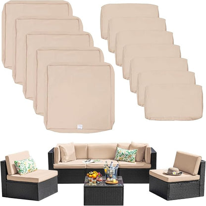 ClawsCover 12Pack Outdoor Seat and Back Cushions Replacement Covers Fit for 6Pieces 5-Seater Wicker Rattan Patio Furniture Conversation Set Sectional Couch Chairs,Light Khaki-Include Cover Only