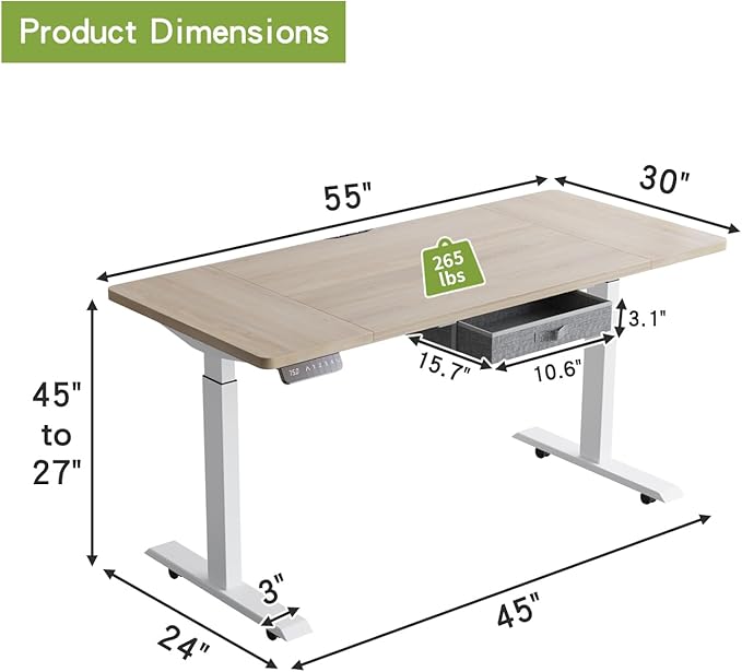 Radlove Dual Motors Height Adjustable 55 x 30'' Electric Standing Desk with Drawer Stand Up Table 4 Memory Keys, Computer Desk with Splice Board Home Office Desk, Oak Top + White Frame
