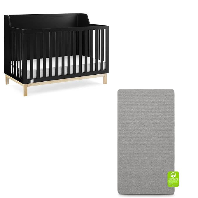 babyGap by Delta Children Oxford 6-in-1 Convertible Crib TrueSleep 2-Stage Deluxe Crib and Toddler Mattress (Bundle), Ebony/Natural