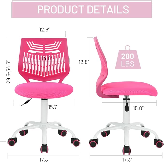 FurnitureR Desk Chair Armless Cute Home Office Desk Chair for Kids, Swivel Computer Task Chair Study Chair with Mesh Padded Cushion and Rolling Wheels for Child, Pink