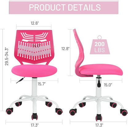 FurnitureR Desk Chair Armless Cute Home Office Desk Chair for Kids, Swivel Computer Task Chair Study Chair with Mesh Padded Cushion and Rolling Wheels for Child, Pink