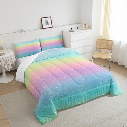 Rainbow Comforter Set King Size Tie Dye Pastel Bedding Comforter Sets for Boys Girls Kids Bedroom Decor, Glitter Galaxy Bedding Ink Pastel Printing Duvet Insert with 2 Pillowcases, Pink Blue Yellow