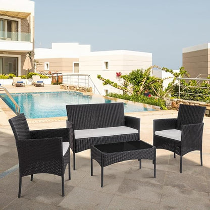 Shintenchi 4 Piece Outdoor Patio Furniture Sets, Small Wicker Patio Conversation Furniture Rattan Chair Set with Tempered Glass Coffee Table for Backyard Porch Garden Poolside Balcony