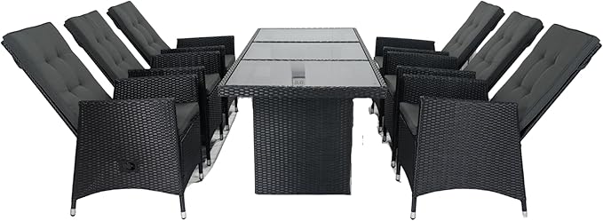 7-Piece Patio Dining, Outdoor Conversation Furniture Set with Adjustable Backrest Wicker + Dark Grey Cushion for Backyard, Balcony and Garden, Zj-Black