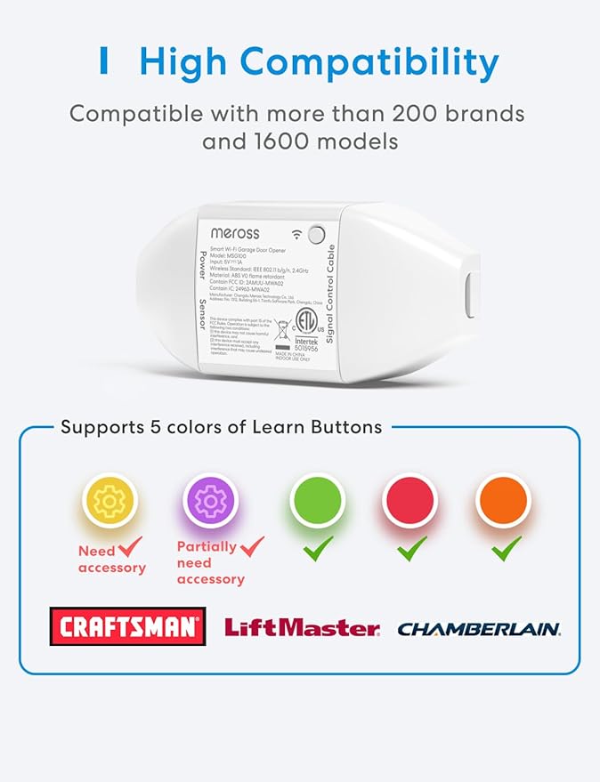 Smart WiFi Garage Door Opener Remote, App Control, Works with Alexa, Google Assistant and SmartThings, No Hub Needed