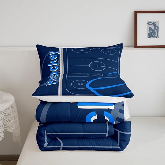 Feelyou Kids Ice Hockey Comforter Set King Size Ice Sports Games Bedding Set for Boys Girls Teens Bedroom Decor Hockey Player Comforter Puck Hockey Duvet Set with 2 Pillow Case
