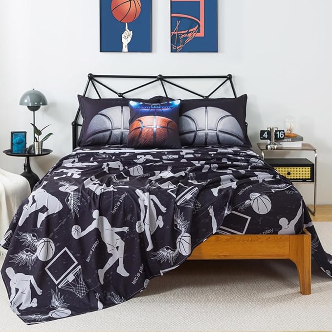 ADASMILE A & S Basketball Comforter Twin for Boys Basketball Bedding Twin for Kids Basketball Sports Comforter with Basketball Sheets 6 Pieces Bed in A Bag Comforter Twin for Boys Teens Sports Bed Set