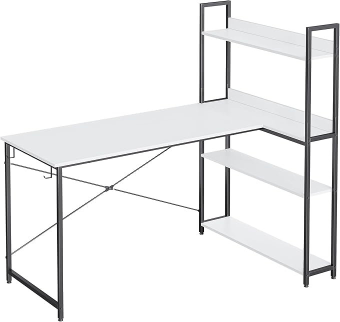 BANTI Computer Corner Desk with Storage Shelves, 55 Inch Small L Shaped Computer Desk, Home Office Writing Desk with 2 Hooks, White