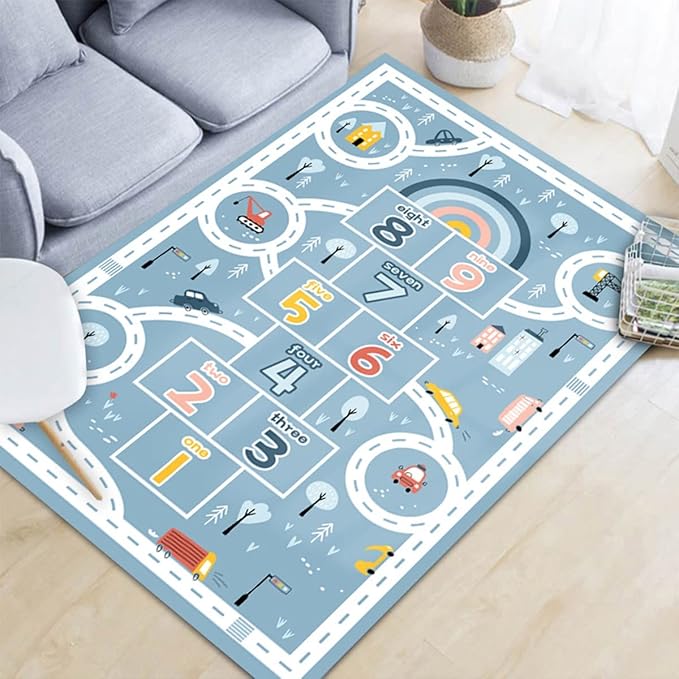 Kids Rug Play Mat, Car Rug, Hopscotch Rug, Hopscotch Mat for Kids, Can Be Used to Play with Cars Kids Carpet Play Mat,(Blue,200×300cm/79×118IN)