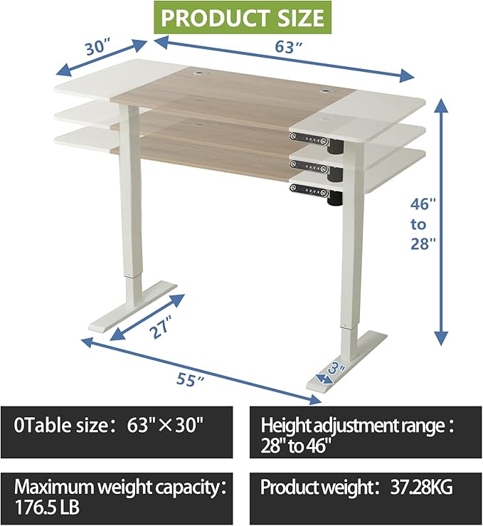 Standing Desk Adjustable Height Desk,63x30Inches, Stand Up Desk Table for Home Office, Home Office Computer Desk,Memory Preset,Height adjustments from 28" to 46" White&Oak