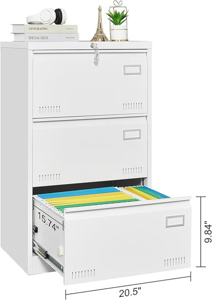 3 Drawer Lateral Lock and Card Holder, Multifunctional Metal Filing Cabinets w/Heavy 3 Section Slide Rail & Breathable Holes,for Legal/Letter/A4,White