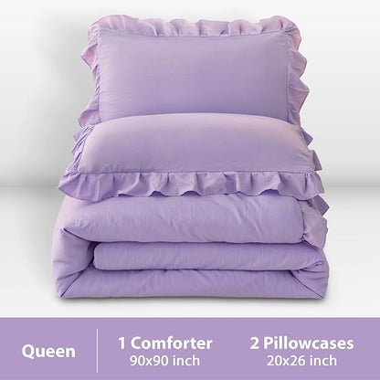 Andency Lavender Ruffle Comforter Queen(90x90Inch), 3 Pieces(1 Ruffled Comforter and 2 Pillowcases) Solid Farmhouse Shabby Chic Comforter, Vintage Rustic Soft Microfiber Bedding Set
