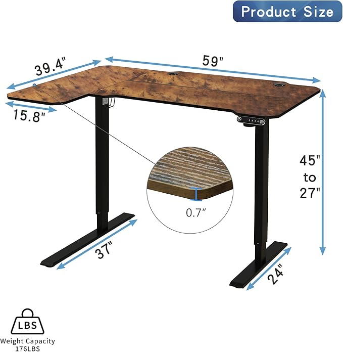 Adjustable Height L-Shaped Electric 59 Inch Sit-Stand Computer Desk with 3 Splice Boards, Lockable Casters-Ideal for Home Office, 59Inch, Rustic Brown