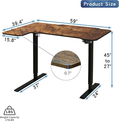Adjustable Height L-Shaped Electric 59 Inch Sit-Stand Computer Desk with 3 Splice Boards, Lockable Casters-Ideal for Home Office, 59Inch, Rustic Brown