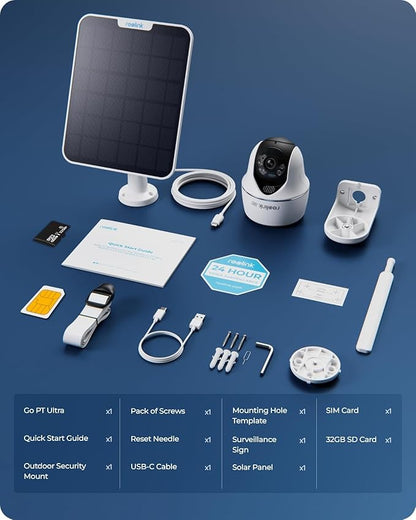 REOLINK 4K LTE Cellular Security Camera Wireless Outdoor, No WiFi, 3G/4G LTE, Solar Powered, SIM Card+32GB SD Card Included, Color Night Vision, Local/Cloud Storage, Go PT Ultra+SP, Updated Version