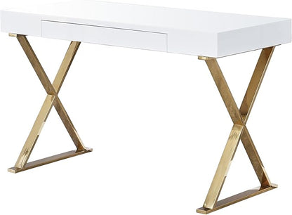 Best Master Furniture Barry Mid-Century High Gloss Home Office Desk with Gold Trim Frame