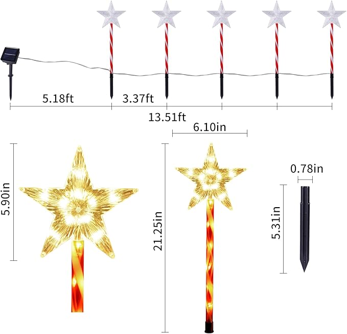 Solar Christmas Pathway Lights Outdoor Decorations, 8 Modes Star Candy Lights Waterproof Led Garden Stake Lights for Walkway Yard Lawn Porch Holiday Decor 5-Pack (Warm White Star Lights)