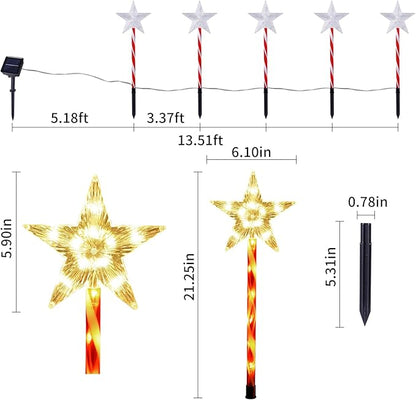 Solar Christmas Pathway Lights Outdoor Decorations, 8 Modes Star Candy Lights Waterproof Led Garden Stake Lights for Walkway Yard Lawn Porch Holiday Decor 5-Pack (Warm White Star Lights)