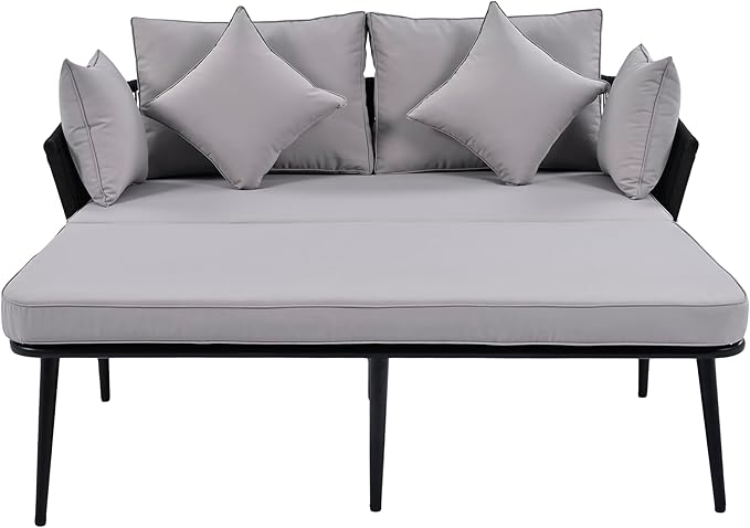 Patio Daybed Set for 2, Outdoor Furniture All-Weather Sofa Sunbed with Adjustable Iron Feet, Woven Nylon Rope Backrest, Washable Cushions and Pillows, for Balcony, Poolside, Gray
