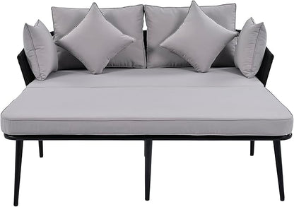 Patio Daybed Set for 2, Outdoor Furniture All-Weather Sofa Sunbed with Adjustable Iron Feet, Woven Nylon Rope Backrest, Washable Cushions and Pillows, for Balcony, Poolside, Gray
