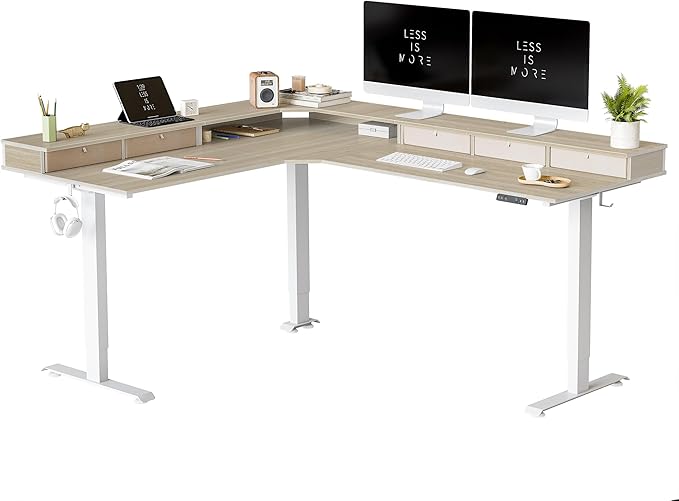 FEZIBO Triple Motor 75" L Shaped Standing Desk with 5 Drawers, Reversible Electric Standing Gaming Desk Adjustable Height, Corner Stand up Desk with Splice Board, White Frame/Light Walnut Top