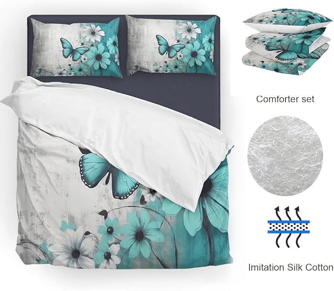 Butterfly Flowers Comforter Sets Twin Size, Vintage Floral Butterfly Kids Bedding Sets for girls Teens 3 Piece Bedroom Decor