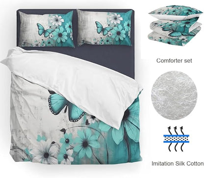 Butterfly Flowers Comforter Sets Full Size, Vintage Floral Butterfly Kids Bedding Sets for girls Teens 3 Piece Bedroom Decor