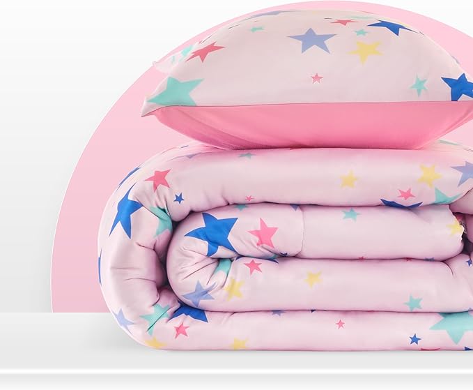 SLEEP ZONE Jersey Knit Pink Comforter Set Twin Size, Breathable & Soft Kids Bedding Set 2-Piece with Comforter, Pillowcase (Colorful Stars, Twin)