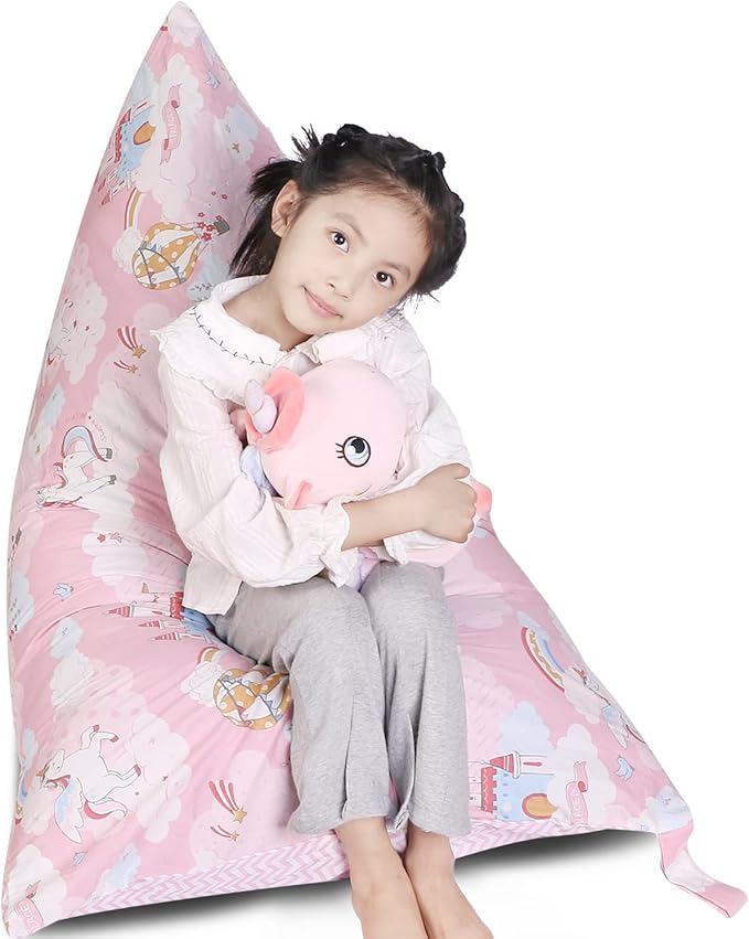 Stuffed Animal Storage Bean Bag Chair Cover, Cotton Pink Unicorn Plush Toy Storage Stuff and Sit Seat for Kids/Teens/Adults, 52" x 31" Extra Large Triangle Floor Sofa, 200L/52Gal, Cover Only