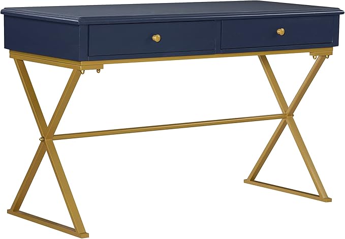 Linon Campaign Desk Navy with Gold Legs, Blue