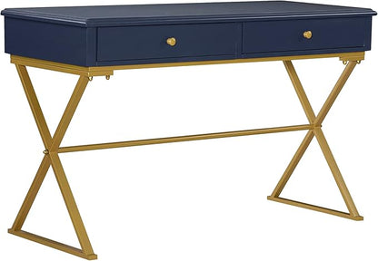 Linon Campaign Desk Navy with Gold Legs, Blue