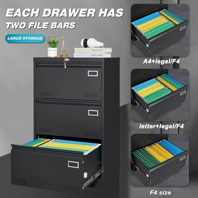 3 Drawer Lateral Lock and Card Holder, Multifunctional Metal Filing Cabinets w/Heavy 3 Section Slide Rail & Breathable Holes,for Legal/Letter/A4,Black