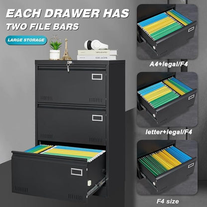 3 Drawer Lateral Lock and Card Holder, Multifunctional Metal Filing Cabinets w/Heavy 3 Section Slide Rail & Breathable Holes,for Legal/Letter/A4,Black
