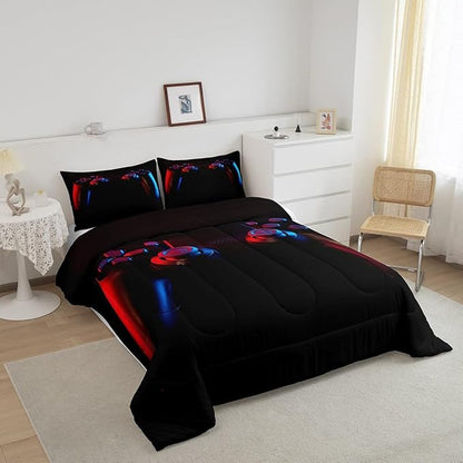 Erosebridal Gaming Bedding Set Gamer Comforter Set Kids Teens Boys Girls Gamepad Quilt Duvet Set Video Game Controller Pattern,Modern Decor 3 Pcs Down Comforter with 2 Pillow Shams, King Size, Black