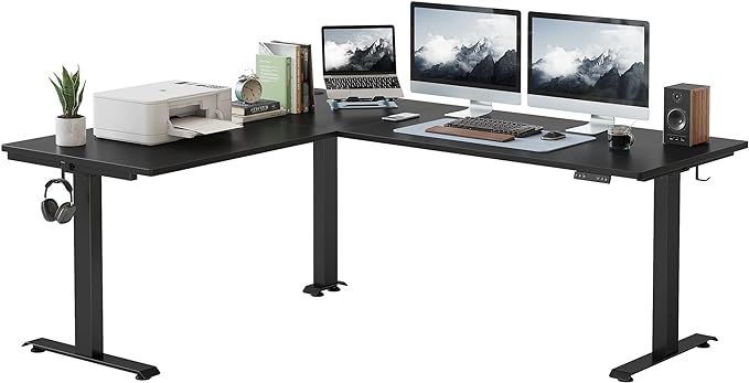 FEZIBO 75 Inches, Supports over 300mlbs, L Shaped Standing Desk Reversible, Electric Height Adjustable Corner Stand up Desk, Sit Stand Desk Computer Workstation, Black Frame/Black Top