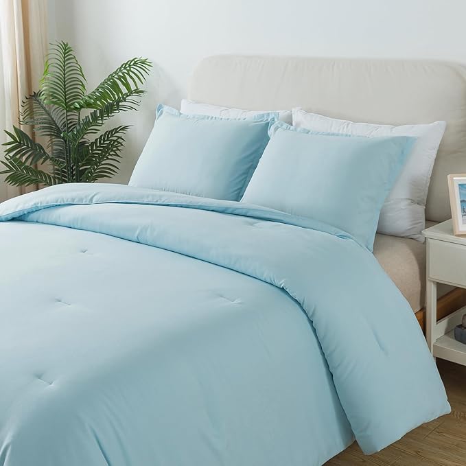 Baby Blue Comforter Set King Size,Lightweight Skin-friendly Boho Bedding Set & Collections, Breathable Fluffy Microfiber 3 PCS (104"x90") Comforter Set for All Seasons with Pillowcases